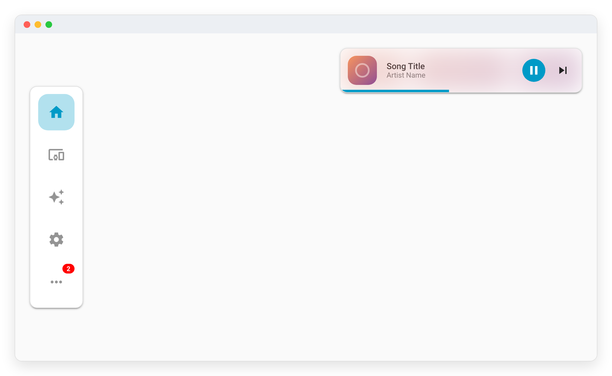 Media player at the top right, with the navbar on the left