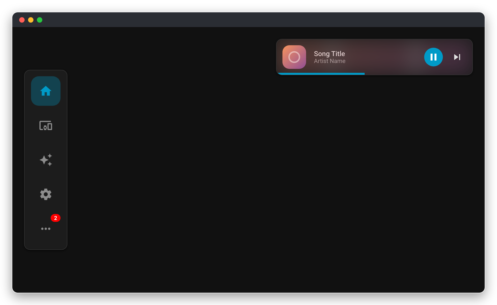 Media player at the top right, with the navbar on the left